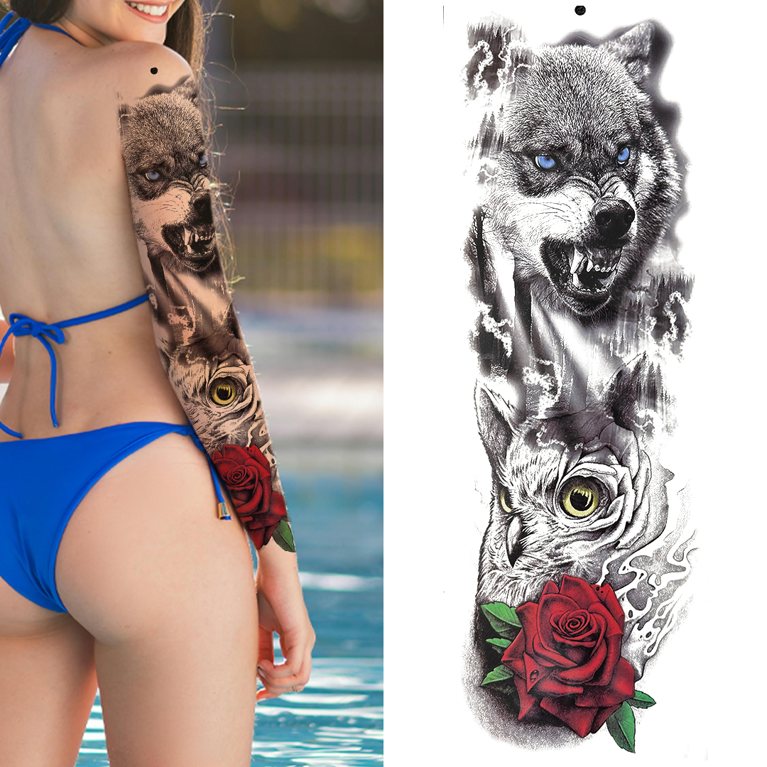(Full Sleeve) Wolf Owl Rose - Temporary Tattoo