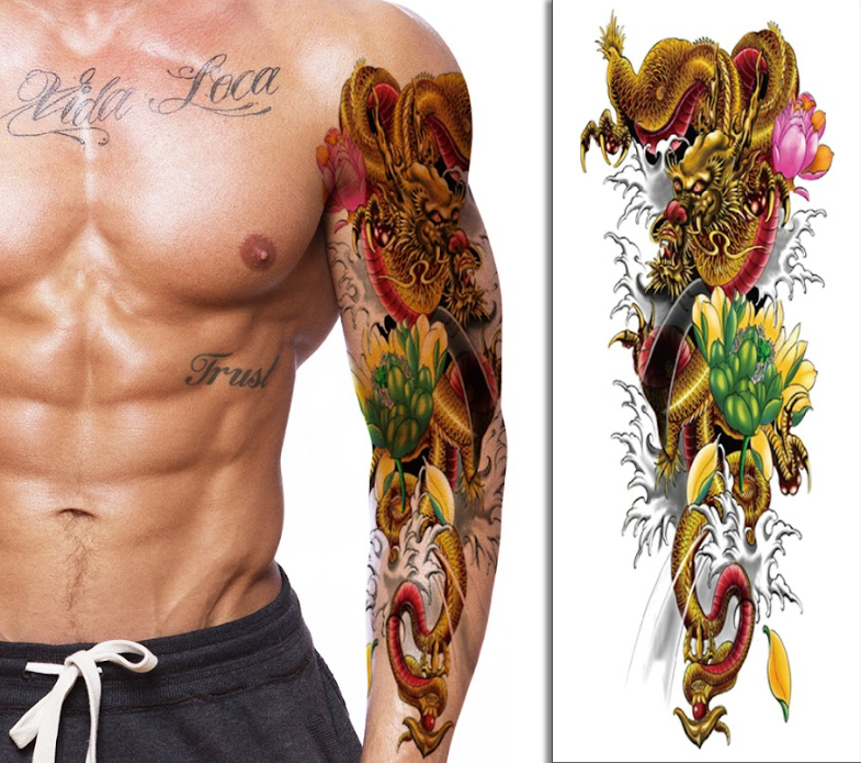 (Full Sleeve) Yellow Dragon Serpent - Temporary Tattoo
