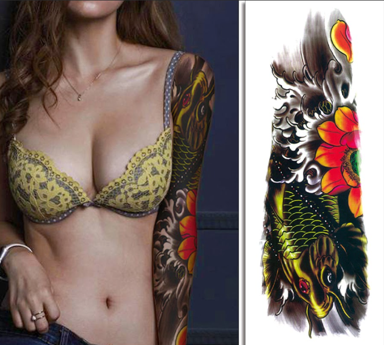 (Full Sleeve) Yellow Fish & Flowers - Temporary Tattoo