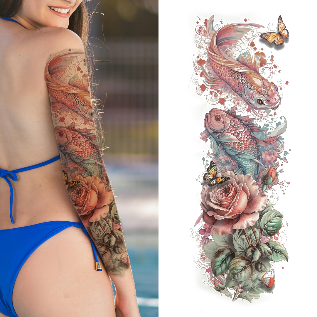 (Full Sleeve) Elegant Pink Fish with Rose - Temporary Tattoo