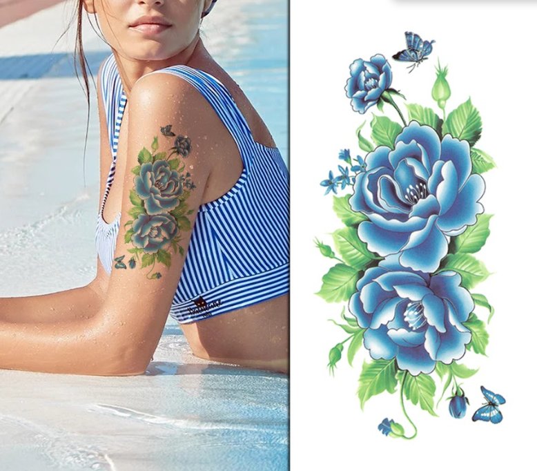 (Half Sleeve) Blue Flowers - Temporary Tattoo