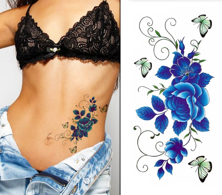(Half Sleeve) Classy Blue Flowers - Temporary Tattoo