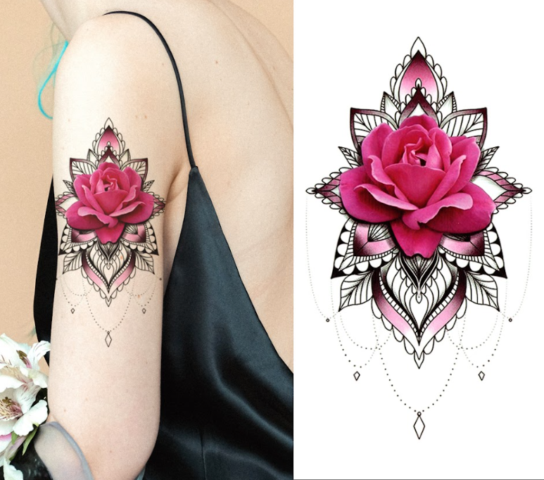 (Half Sleeve) Fancy Pink Flower Mandala - Temporary Tattoo