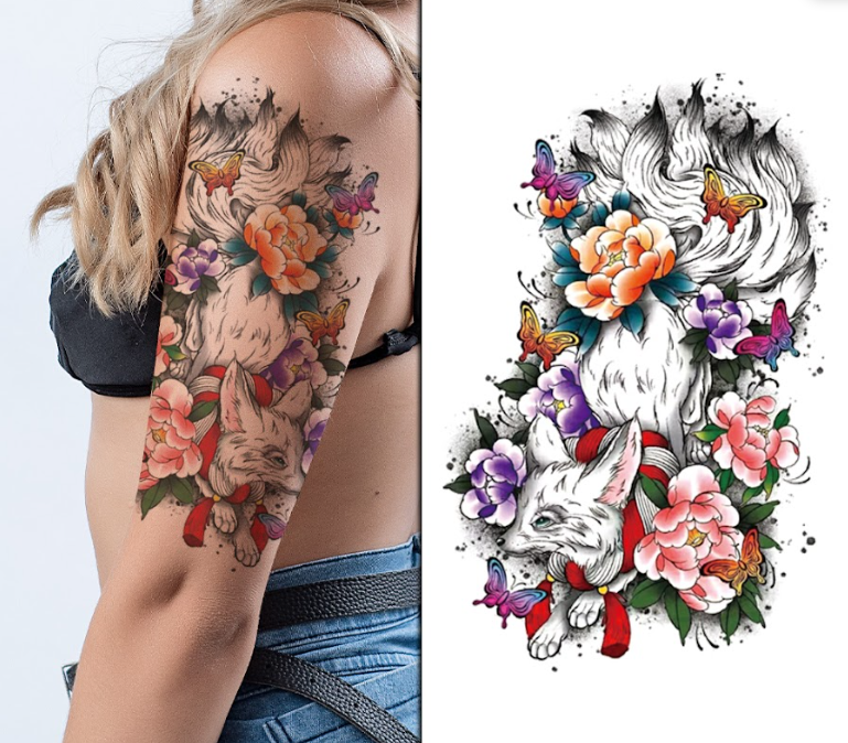 (Half Sleeve) Ferret & Flowers - Temporary Tattoo