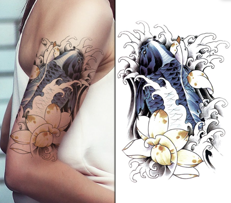 (Half Sleeve) Fish Wave Flowers - Temporary Tattoo