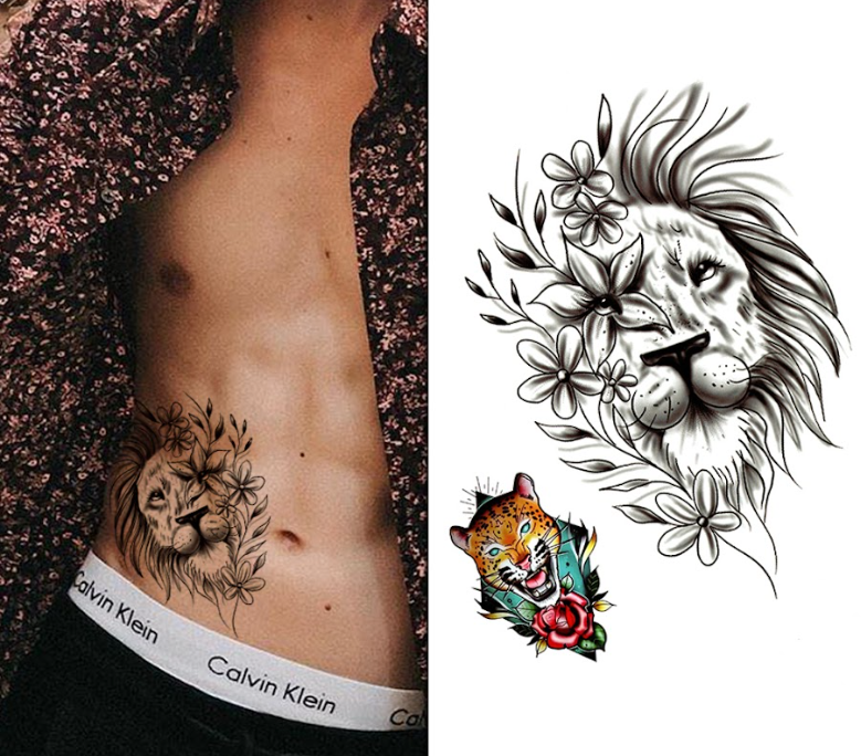 (Half Sleeve) Flower Lion & Cheetah - Temporary Tattoo