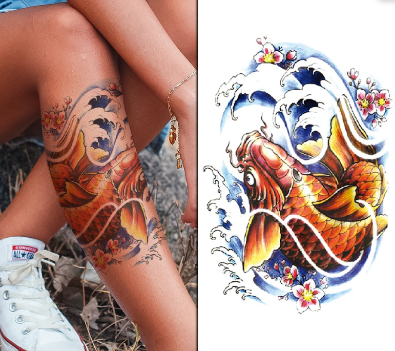 Half Sleeve Gold Koi & Waves Tattoo for Women – Elegant Japanese Ink, Long Lasting, Waterproof, Easy to Apply & Skin Safe | Temporary Tattoo