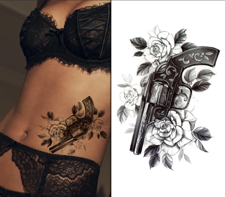 (Half Sleeve) Gun and Roses - Temporary Tattoo