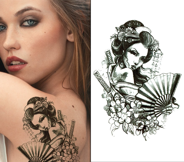 (Half Sleeve) Lady Japanese Fan - Temporary Tattoo