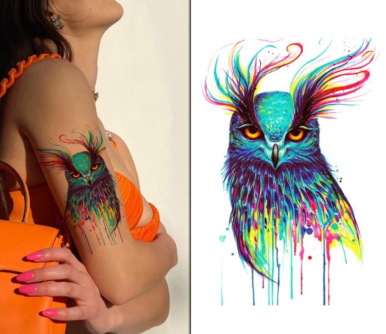 (Half Sleeve) Multicolour Owl - Temporary Tattoo