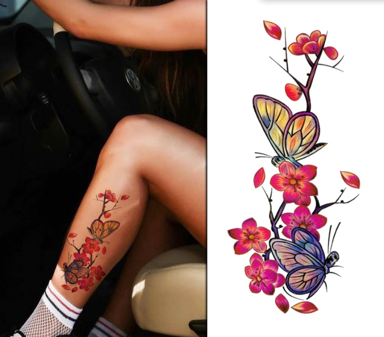 (Half Sleeve) Pink Flowers & Butterflies - Temporary Tattoo