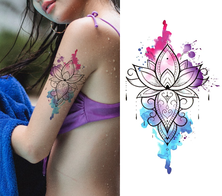 (Half Sleeve) Purple & Blue Flower Mandala - Temporary Tattoo
