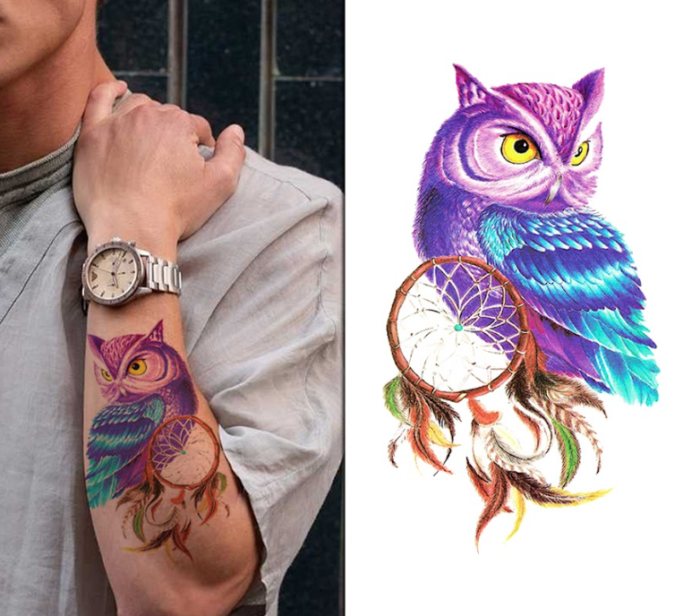 (Half Sleeve) Purple Owl - Temporary Tattoo
