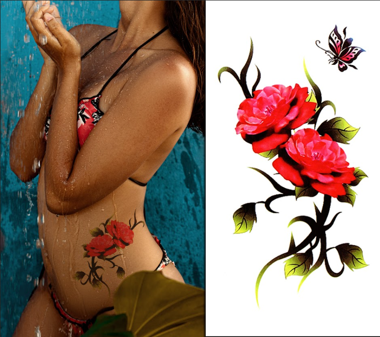 (Half Sleeve) Red Rose & Butterfly - Temporary Tattoo