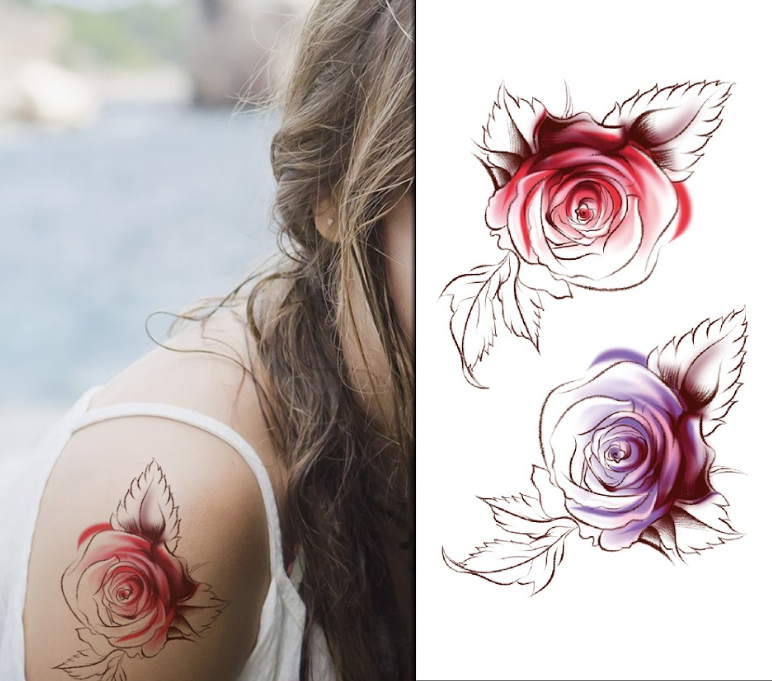 (Half Sleeve) Red and Purple Roses - Temporary Tattoo