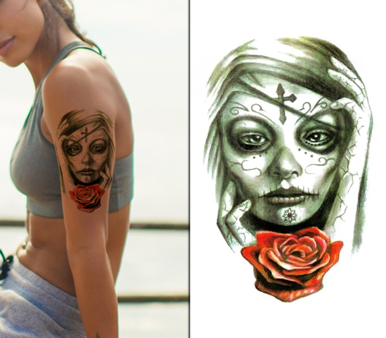 (Half Sleeve) Rose Lady Day of the Dead - Temporary Tattoo
