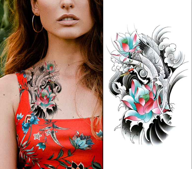 Half Sleeve Stork & Wave Tattoo for Women – Long Lasting & Easy to Apply | Temporary Tattoo