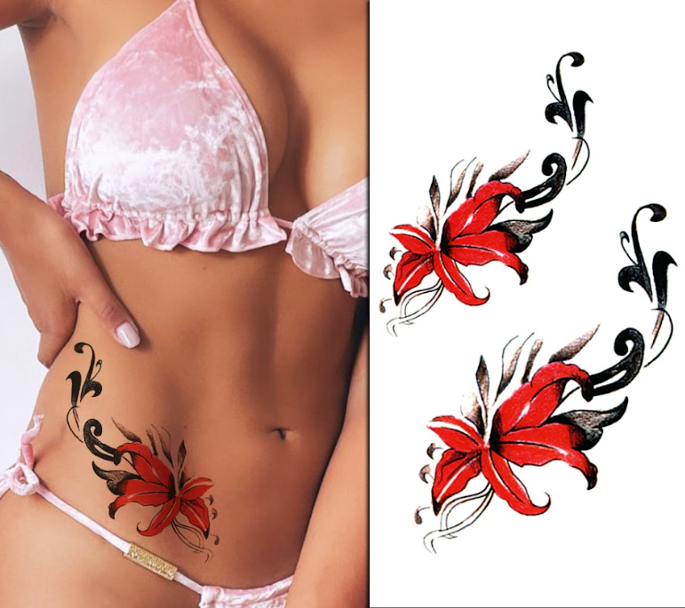(Half Sleeve) Stunning Two Red Flowers - Temporary Tattoo