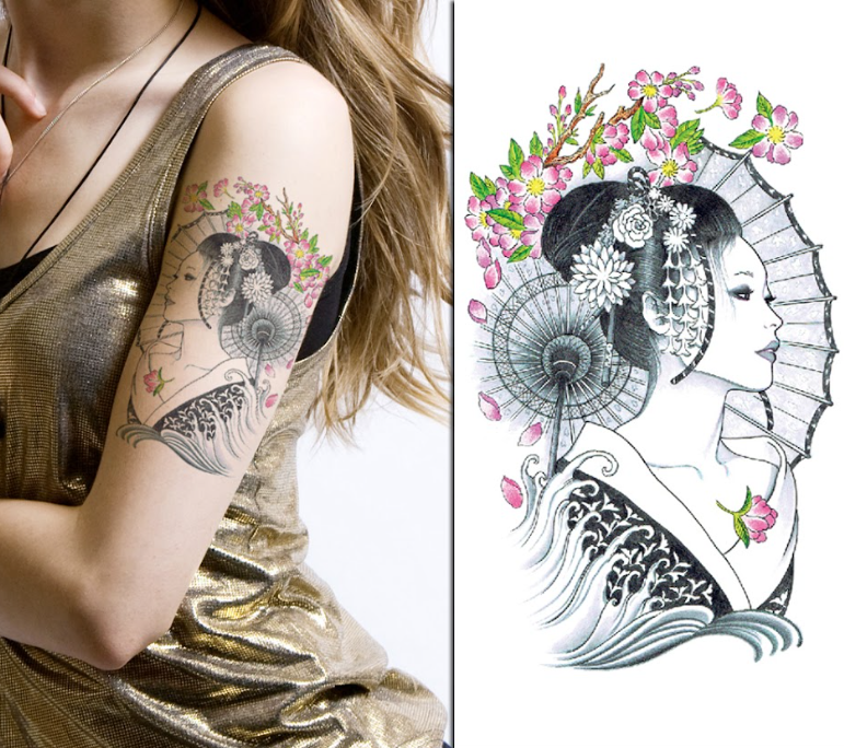 (Half Sleeve) The Fan Japanese Lady - Temporary Tattoo