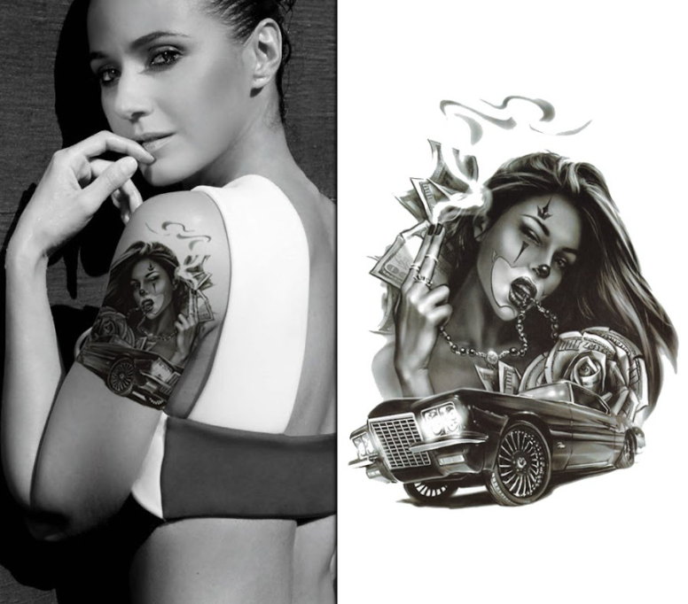 (Half Sleeve) The Lady & Car - Temporary Tattoo