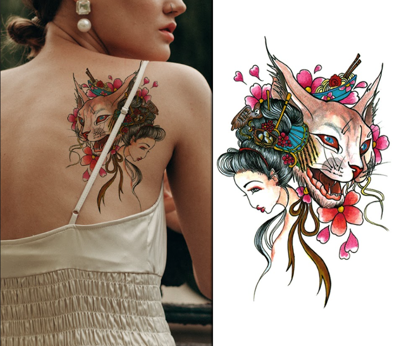 (Half Sleeve) The Lady Japanese Lynx - Temporary Tattoo