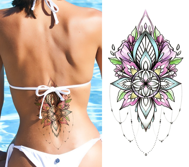 (Half Sleeve) Purple & Blue Flower Mandala - Temporary Tattoo