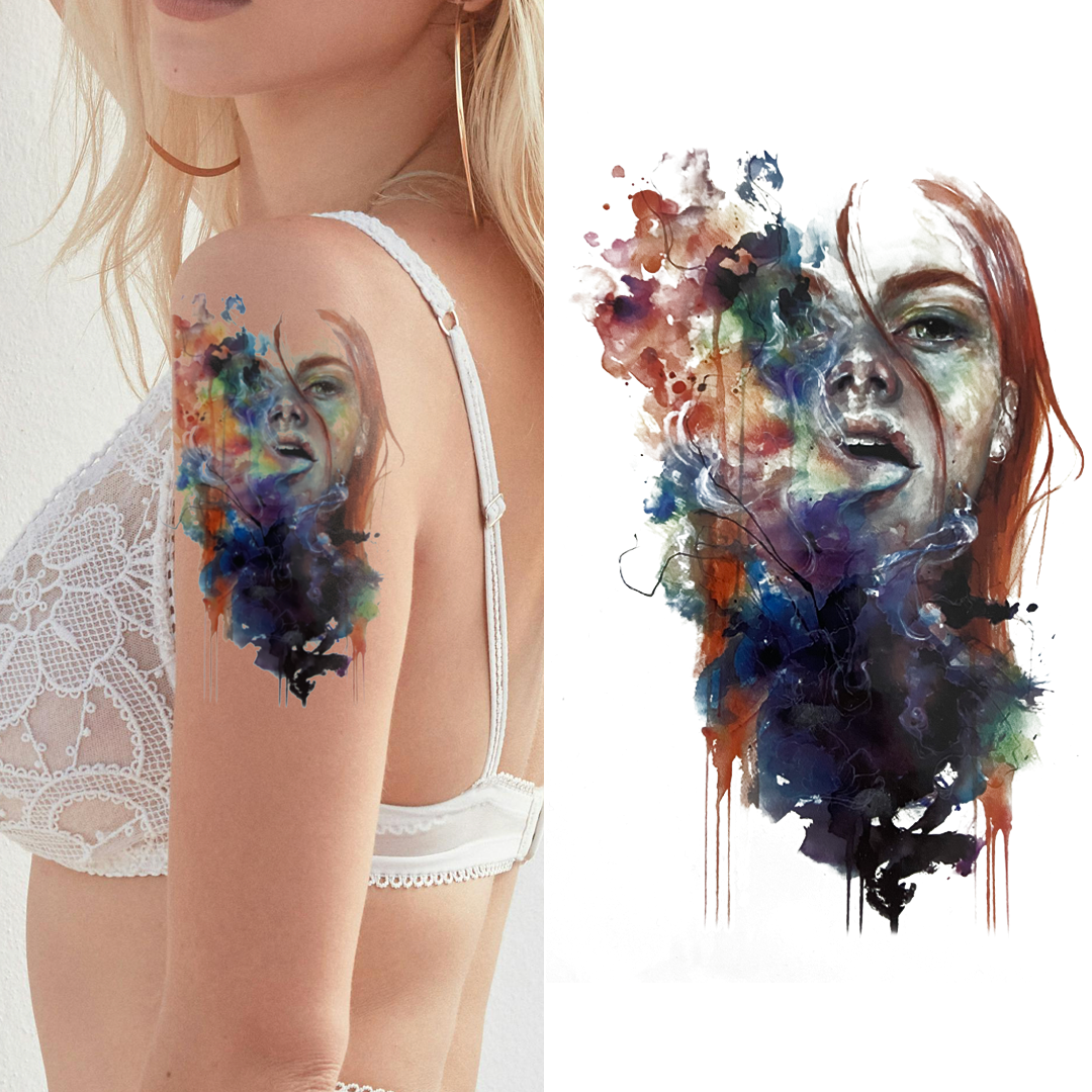 (Half Sleeve) Watercolour Lady Face - Temporary Tattoo