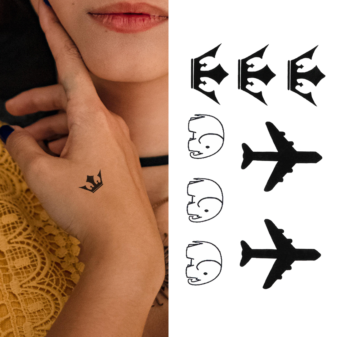 Mixed Crowns Planes and Elephants - Temporary Tattoo