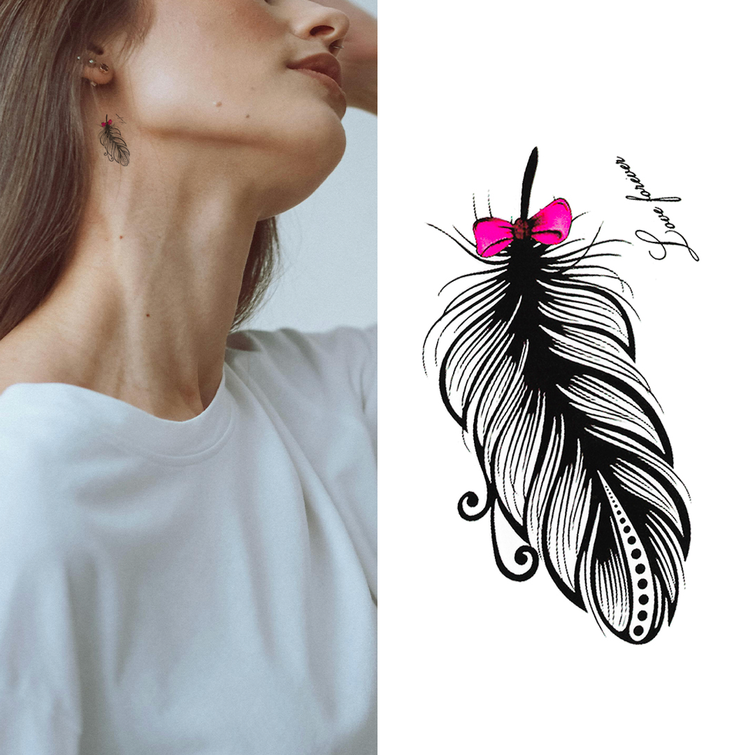 Pink Ribbon Feather - Temporary Tattoo