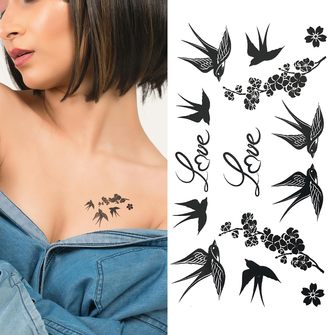 Birds Flowers & Love - Temporary Tattoo