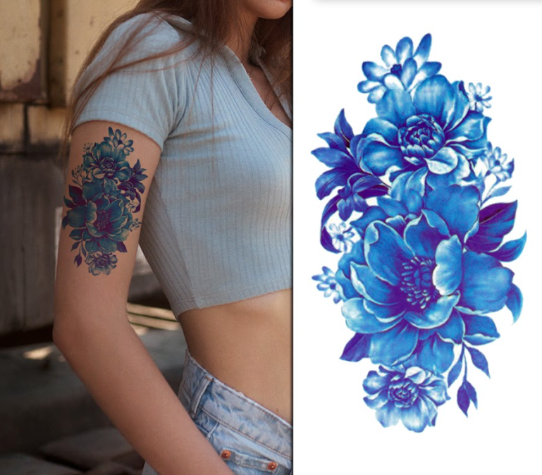 (Half Sleeve) Elegant Blue Flowers - Temporary Tattoo