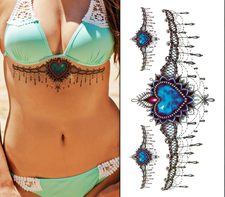 Mixed Diamond Heart Chest Lace Pack - Temporary Tattoo