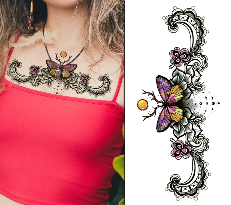 (Half Sleeve) The Butterfly Chest Lace - Temporary Tattoo