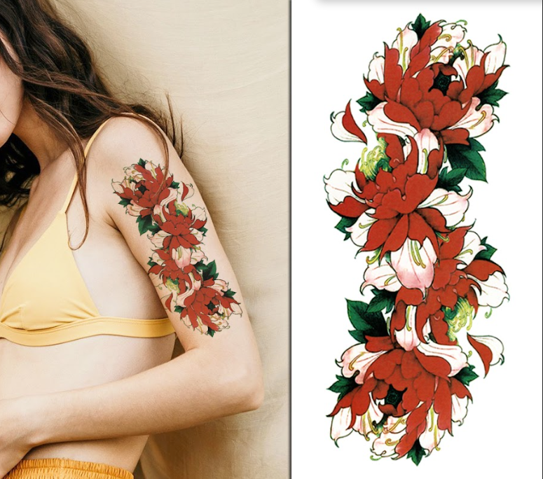(Half Sleeve) Elegant Red Flowers - Temporary Tattoo