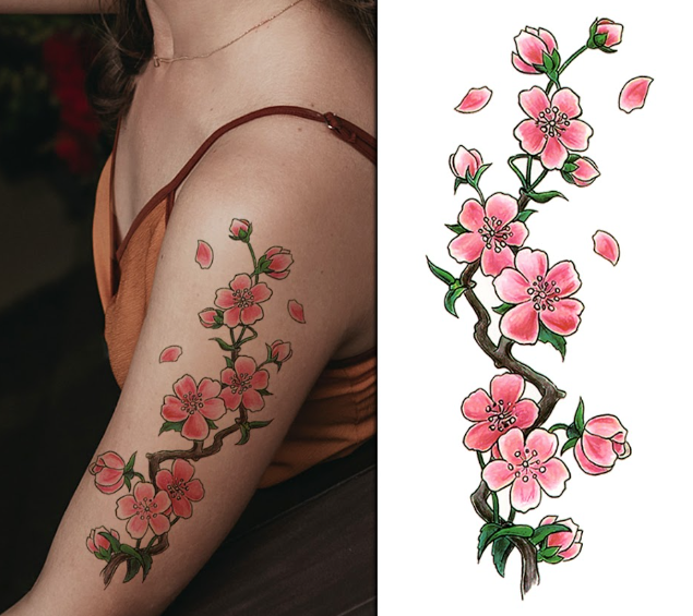 (Half Sleeve) Stylish Pink Flowers - Temporary Tattoo