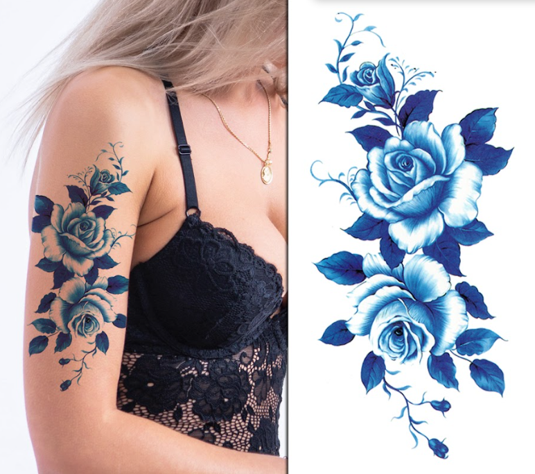 (Half Sleeve) Blue Flowers - Temporary Tattoo