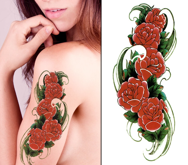 (Half Sleeve) Classy Red Flowers - Temporary Tattoo