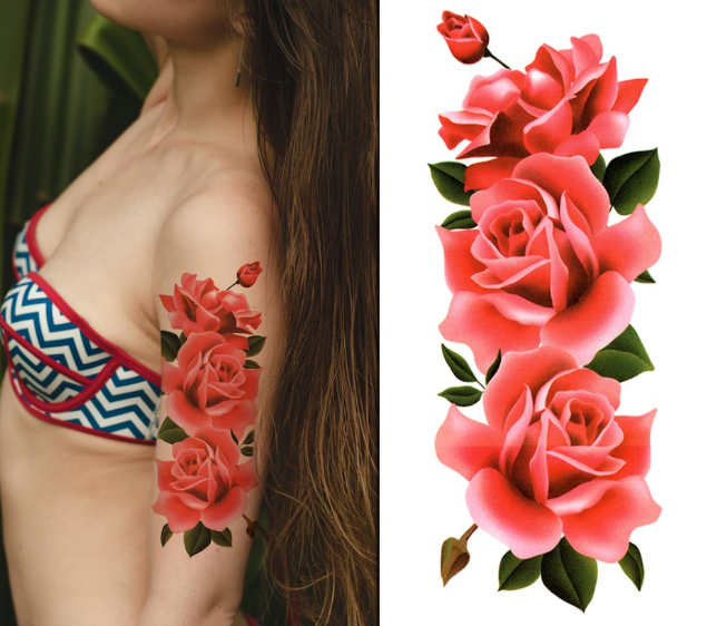 (Half Sleeve) Intricate Pink Roses - Temporary Tattoo