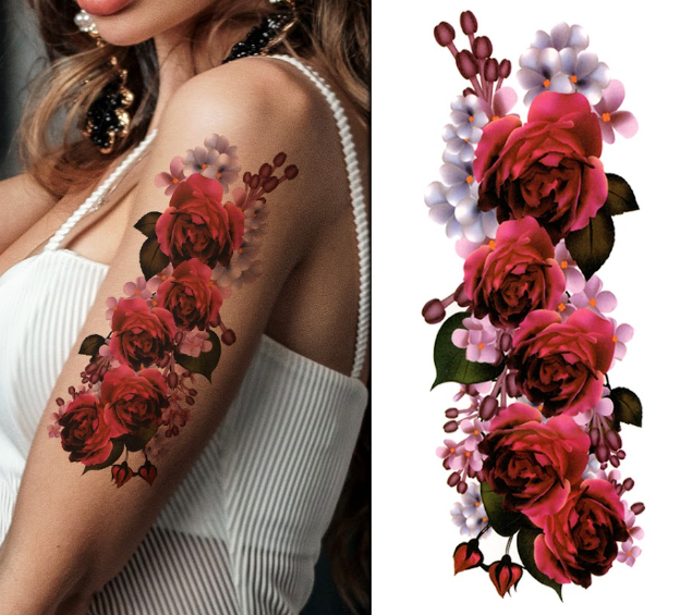 (Half Sleeve) Elegant Purple Flowers - Temporary Tattoo
