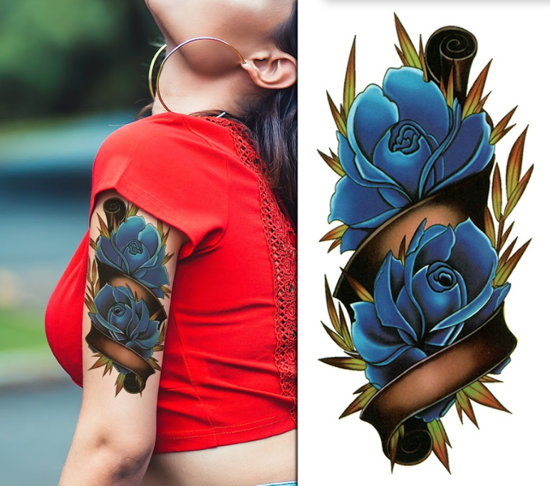 (Half Sleeve) Blue Roses - Temporary Tattoo