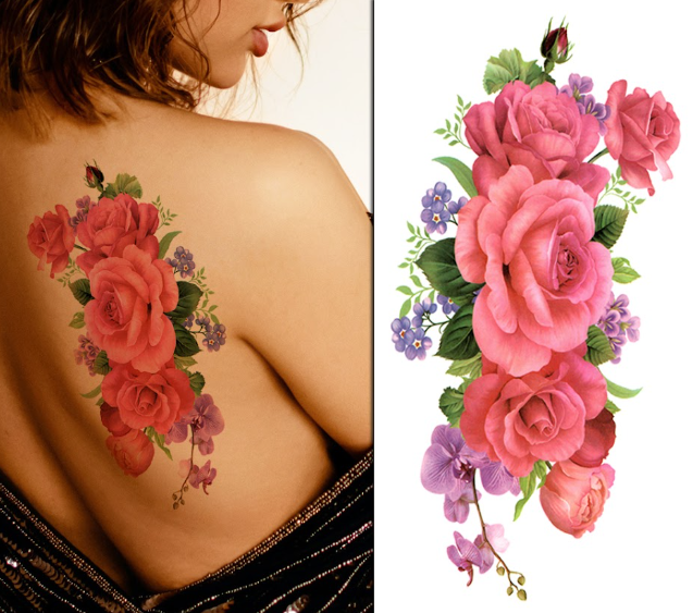 (Half Sleeve) Pink & Purple Flowers - Temporary Tattoo
