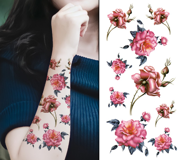 (Half Sleeve) Mixed Pink Flowers v2 - Temporary Tattoo