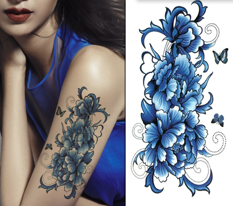 (Half Sleeve) Cool Blue Flowers - Temporary Tattoo
