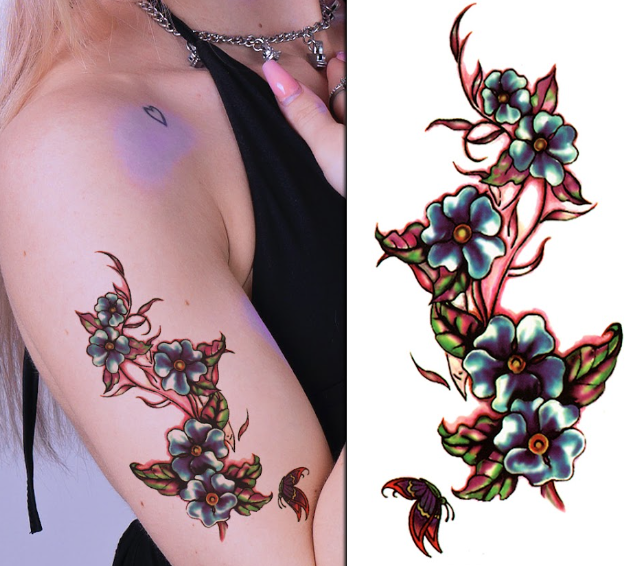 (Half Sleeve) Blue Flowers v3 - Temporary Tattoo