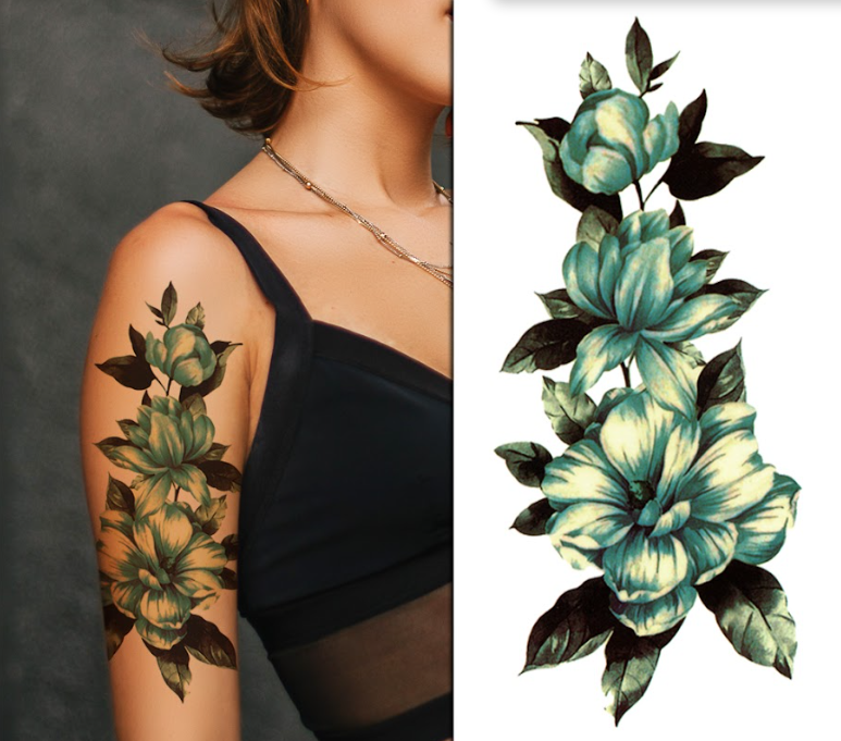 (Half Sleeve) Blue Green Flowers - Temporary Tattoo