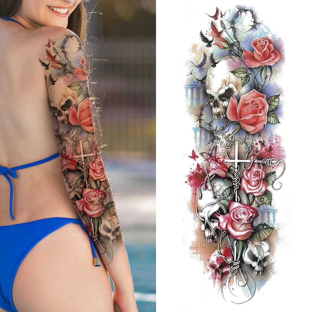 (Full Sleeve) Coloured Cross with Roses Skulls - Temporary Tattoo