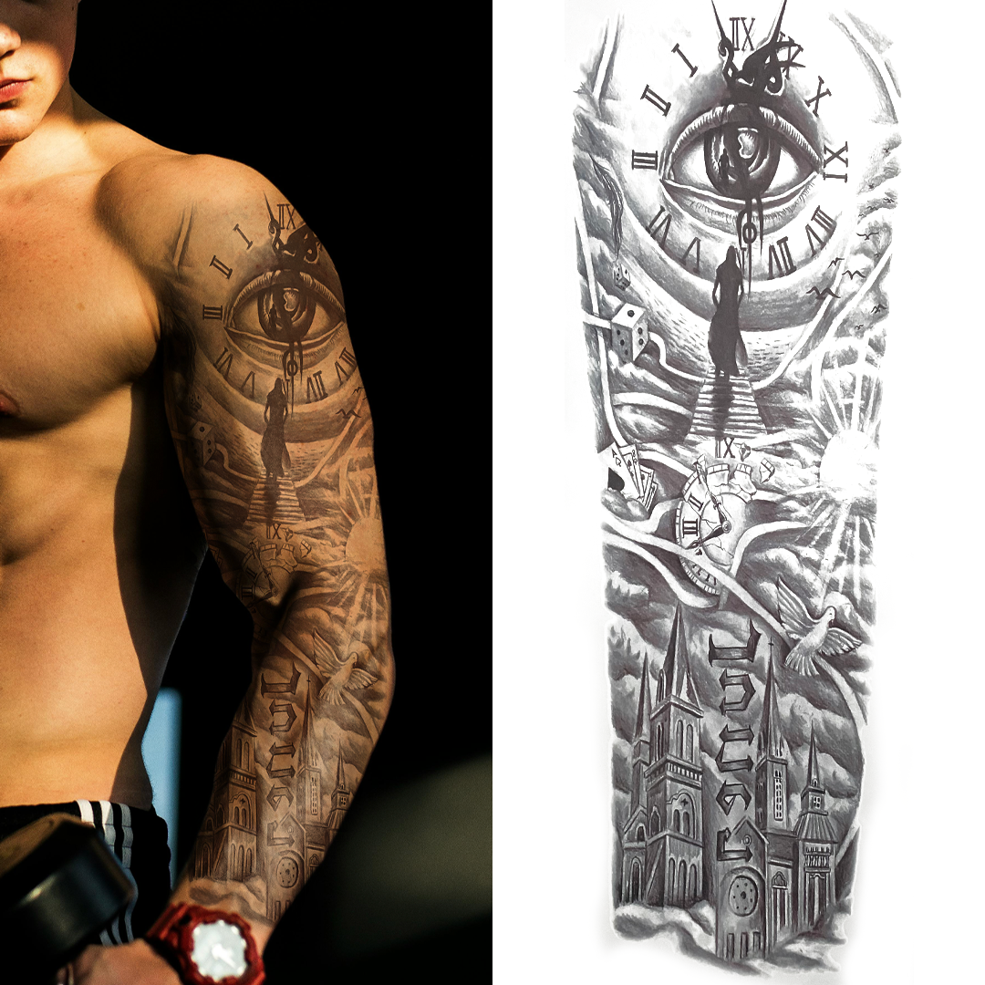 (Full Sleeve) Eye Clocks Cathedral - Temporary Tattoo