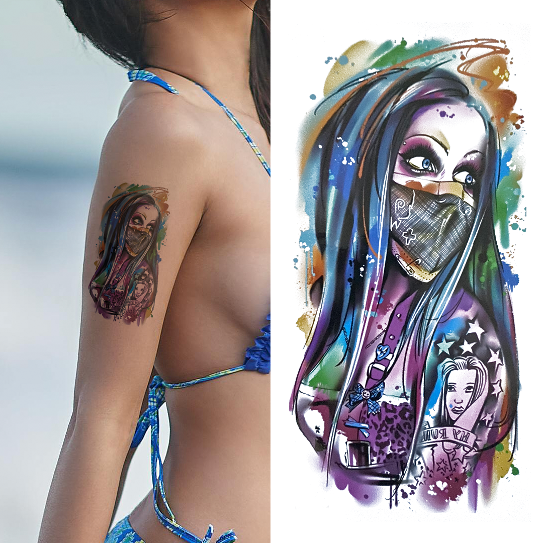 (Half Sleeve) Masked Punk Lady - Temporary Tattoo