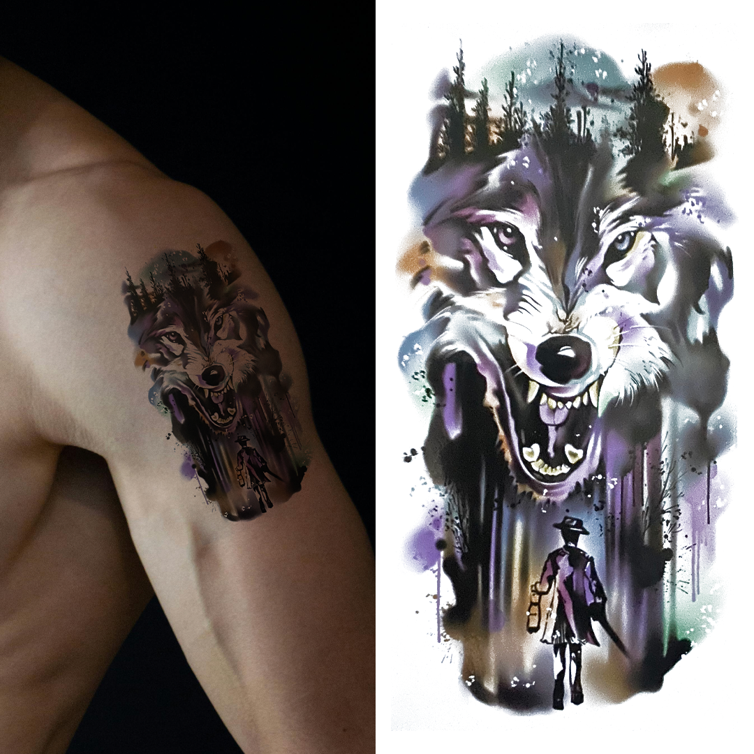 (Half Sleeve) Man & The Wolf - Temporary Tattoo