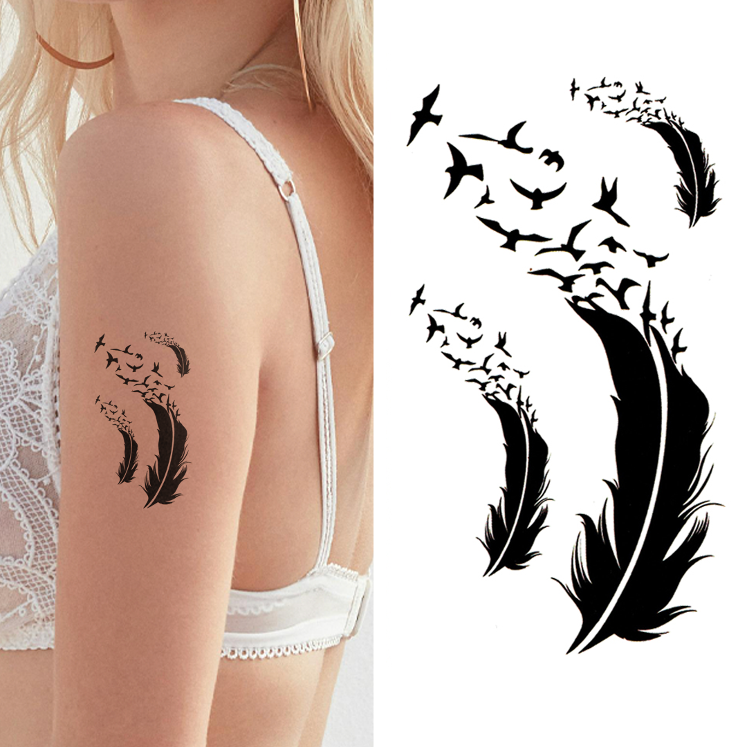 Small Black Feather & Bird Tattoo for Women – Long Lasting & Elegant | Temporary Tattoo